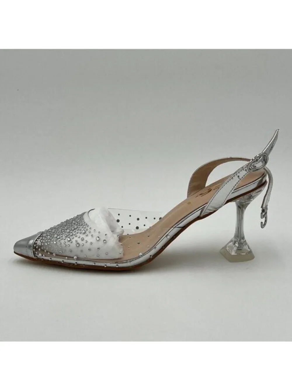 FSJ Silver Crystal Studded Clear Sparkle Rhinestones Clear Heel Slingback Shoes